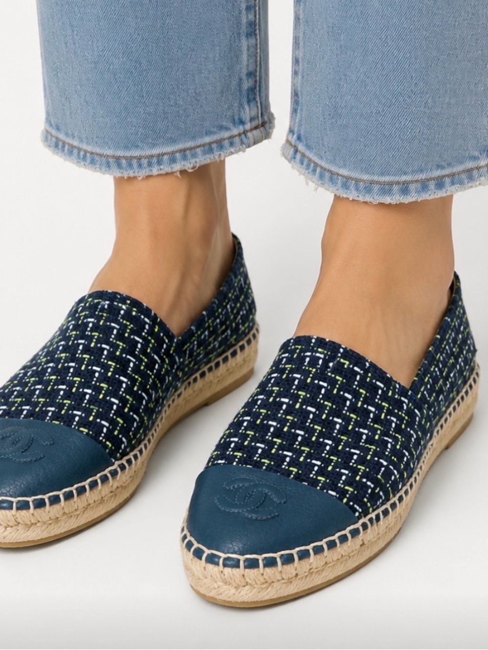 NWOT CHANEL CC Logo Cap Toe Navy Tweed Espadrille Flats Size EU 39